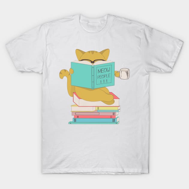 Cat with glasses drinking coffee or tea and reading book T-Shirt by gogo-jr